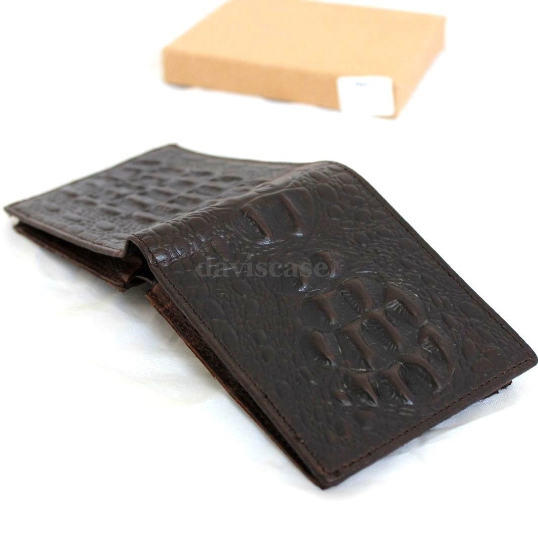 Men's DAVISCASE genuine leather money clip wallet with crocodile pattern, slim billfold pocket purse with card slots and cash holder.