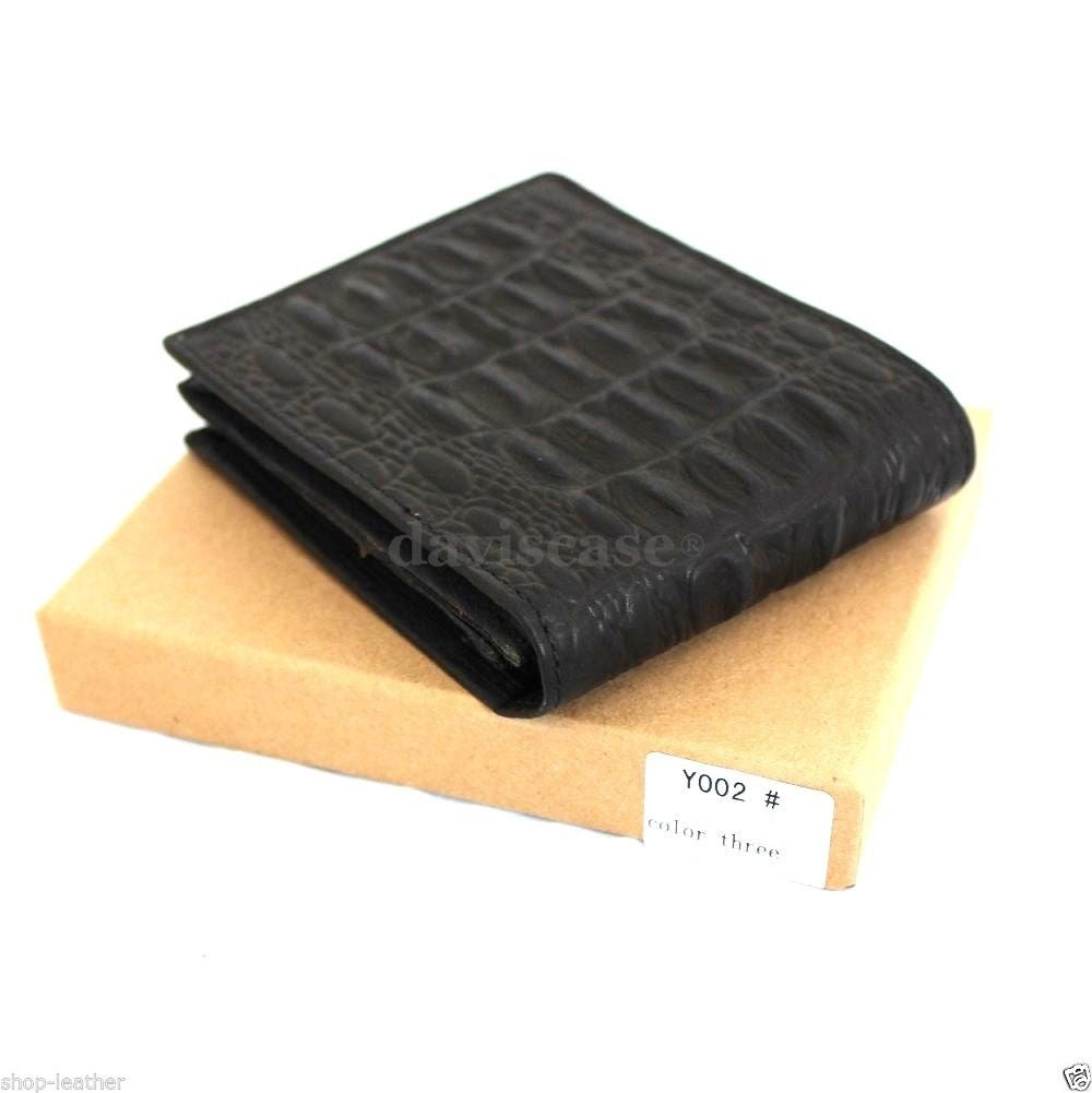 Men's black crocodile leather wallet with 4 card slots, ID window, 2 bill sections, slim design, vendor-unknown brand.