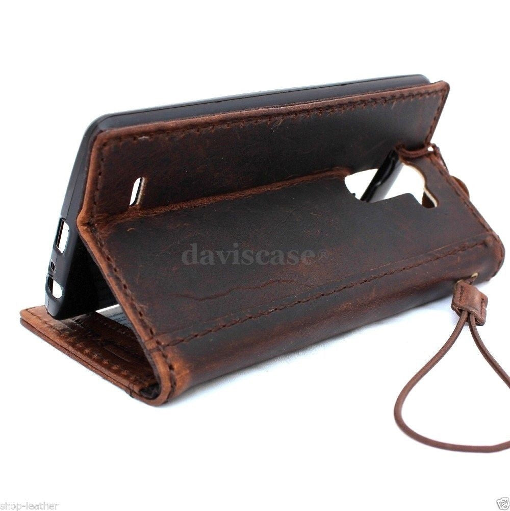 Handmade genuine Italian leather hard case for LG G3 phone, brown slim wallet cover with book-style design and luxury finish.