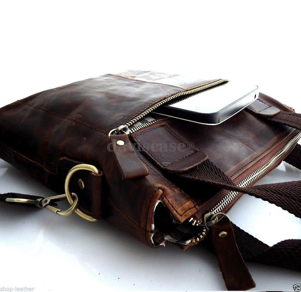 Mens genuine dark brown leather messenger bag by DAVISCASE, retro style crossbody shoulder satchel with classic design.
