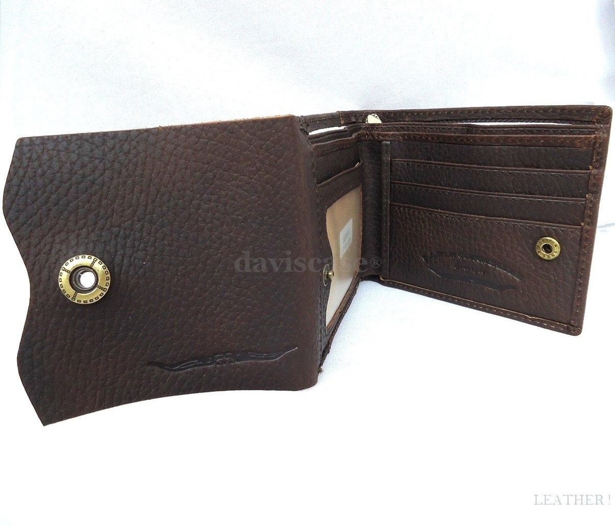 Men's brown full leather wallet by DAVISCASE with 3 credit card slots, ID window, and 3 bill compartments.