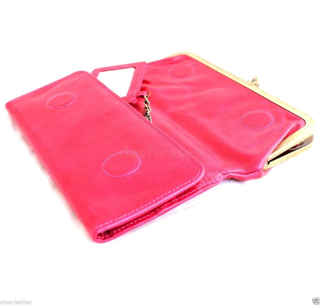 Pink genuine leather women's wallet with card slots, coin pouch, and clutch design from DAVISCASE, stylish and functional.