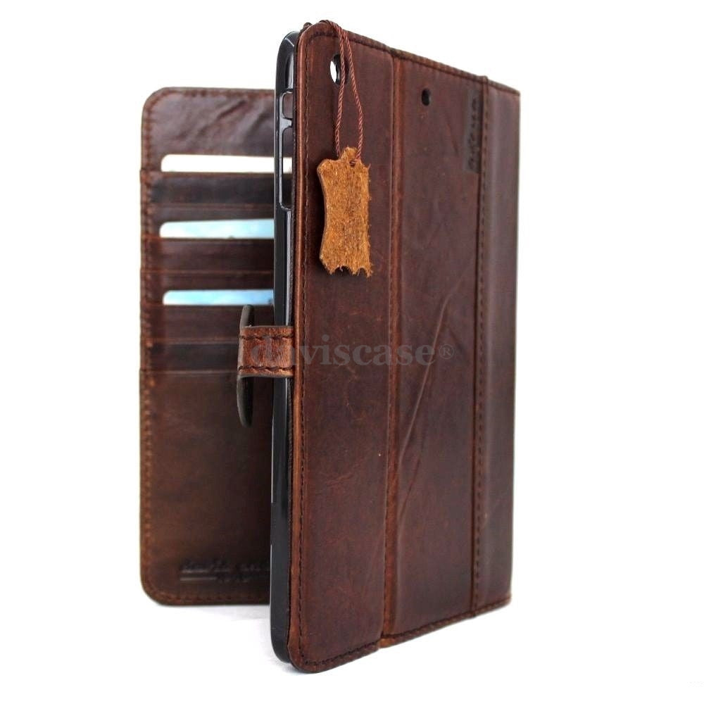 Brown genuine leather iPad Mini 4 case with card slots, stand feature, slim design, and magnetic closure.