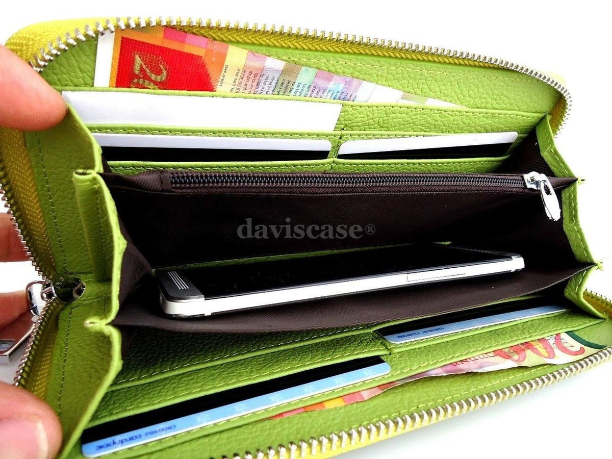 Women's genuine leather DAVISCASE tote wallet with zipper, coin pocket, credit card slots, and hand-held design.