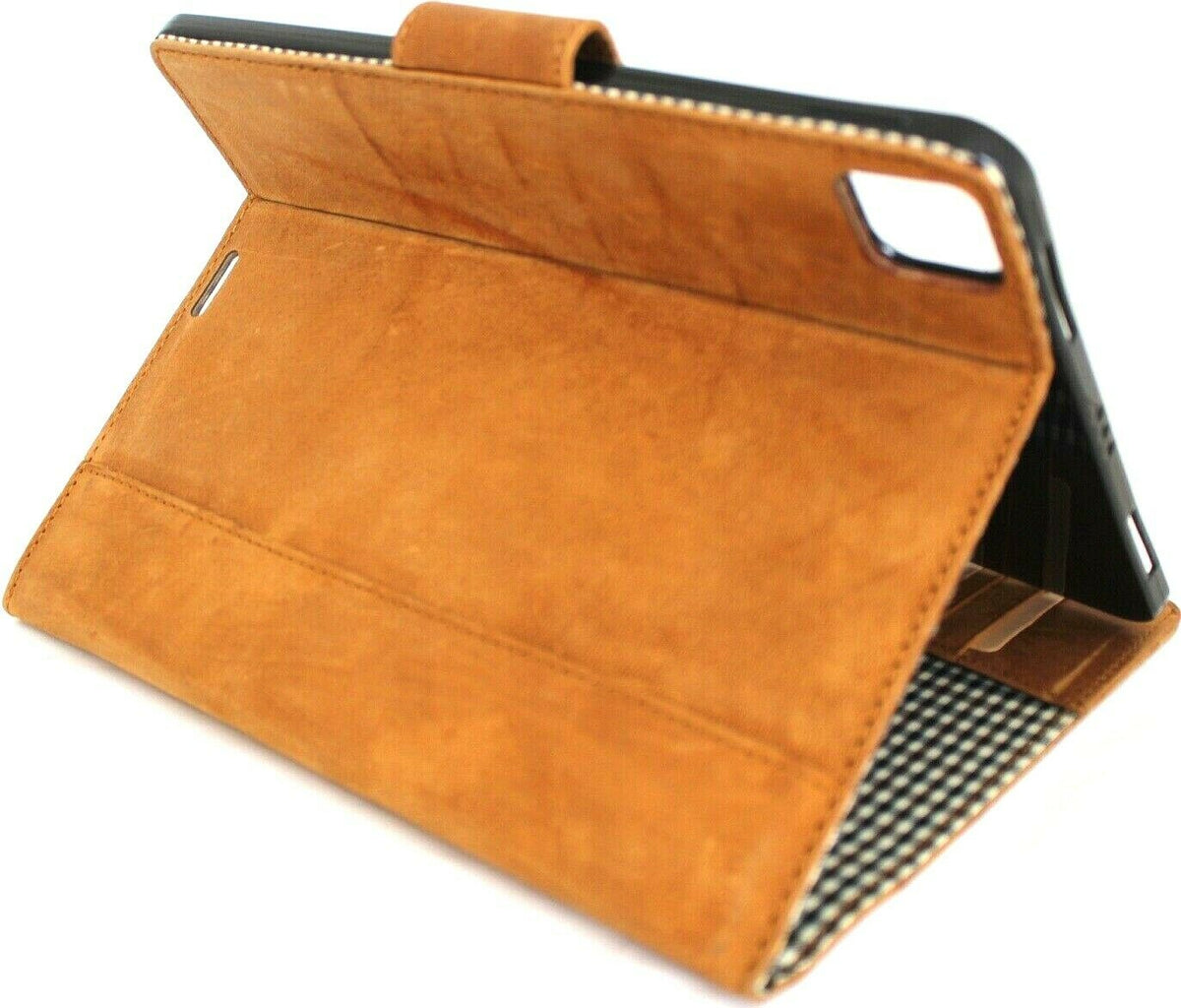 Vintage tan leather iPad Pro 11 (2020) case by DAVISCASE with flip cover, credit card slots, and slim hard shell design.
