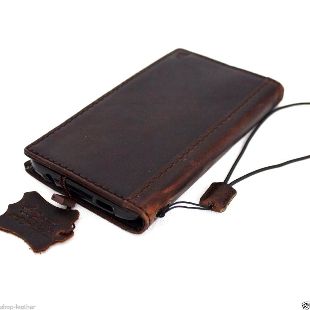 Genuine vintage brown leather Sony Xperia 1 V wallet case with card slots, slim handmade luxury cover.