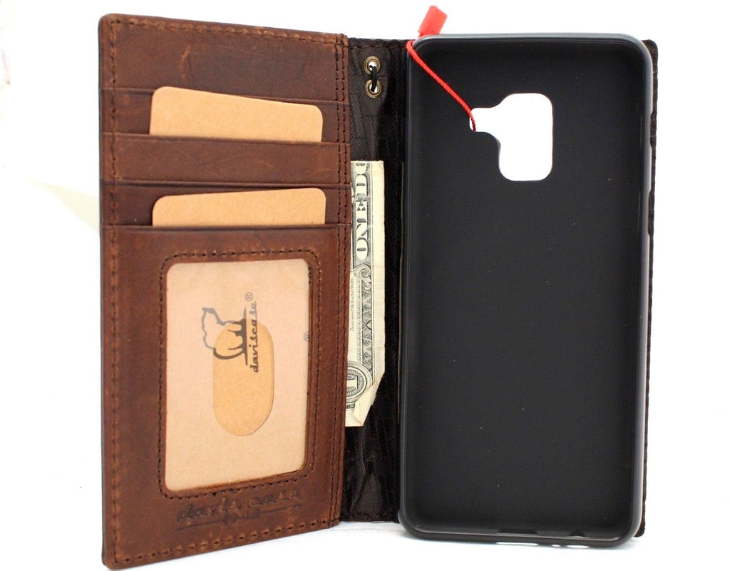 Handmade genuine Italian leather wallet phone case for Samsung Galaxy A8 2018, featuring a book-style design and business aesthetic.