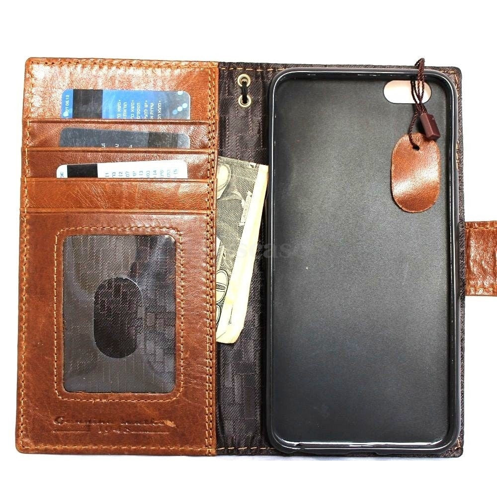 Handmade genuine leather iPhone 6 Plus wallet case with card slots, ID window, and magnetic band for secure business style.