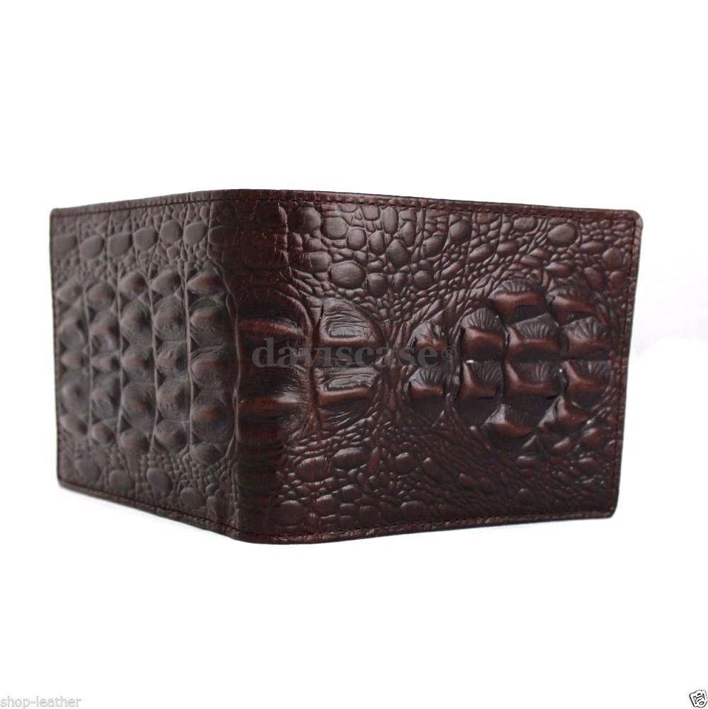 Men's genuine Italian leather money clip wallet with coin pocket, crocodile texture, and space for credit cards.