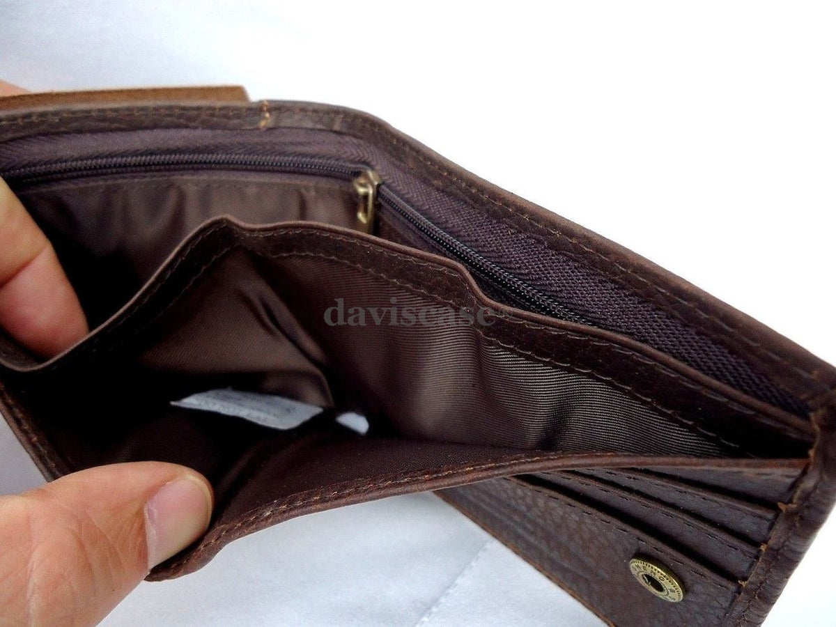 Men's brown full leather wallet by DAVISCASE with 3 credit card slots, 1 ID window, and 3 bill compartments.