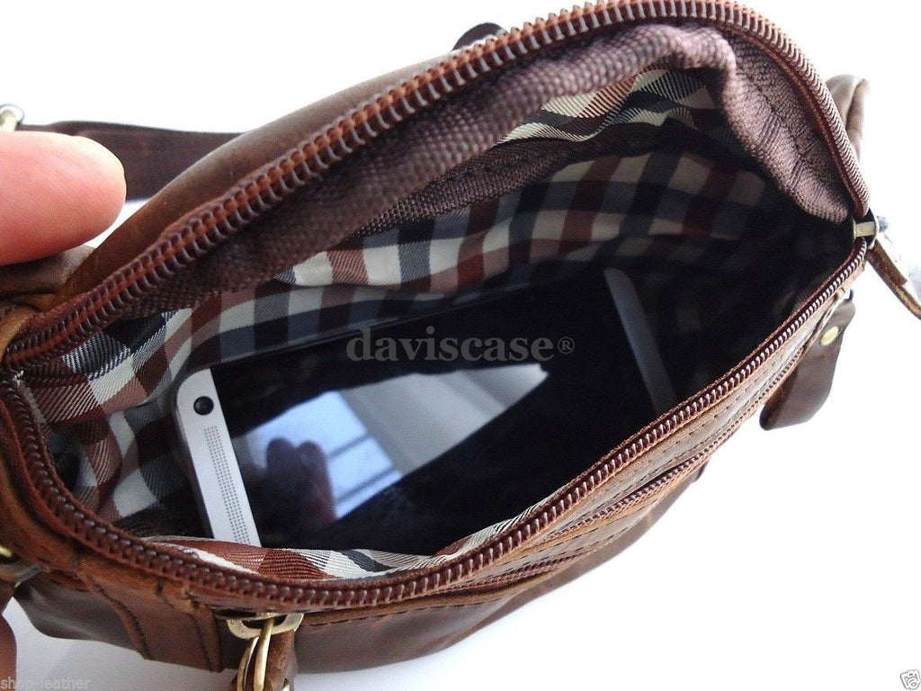 Genuine vintage leather men's waist pouch and backpack by DAVISCASE, with cellphone and coin compartments.