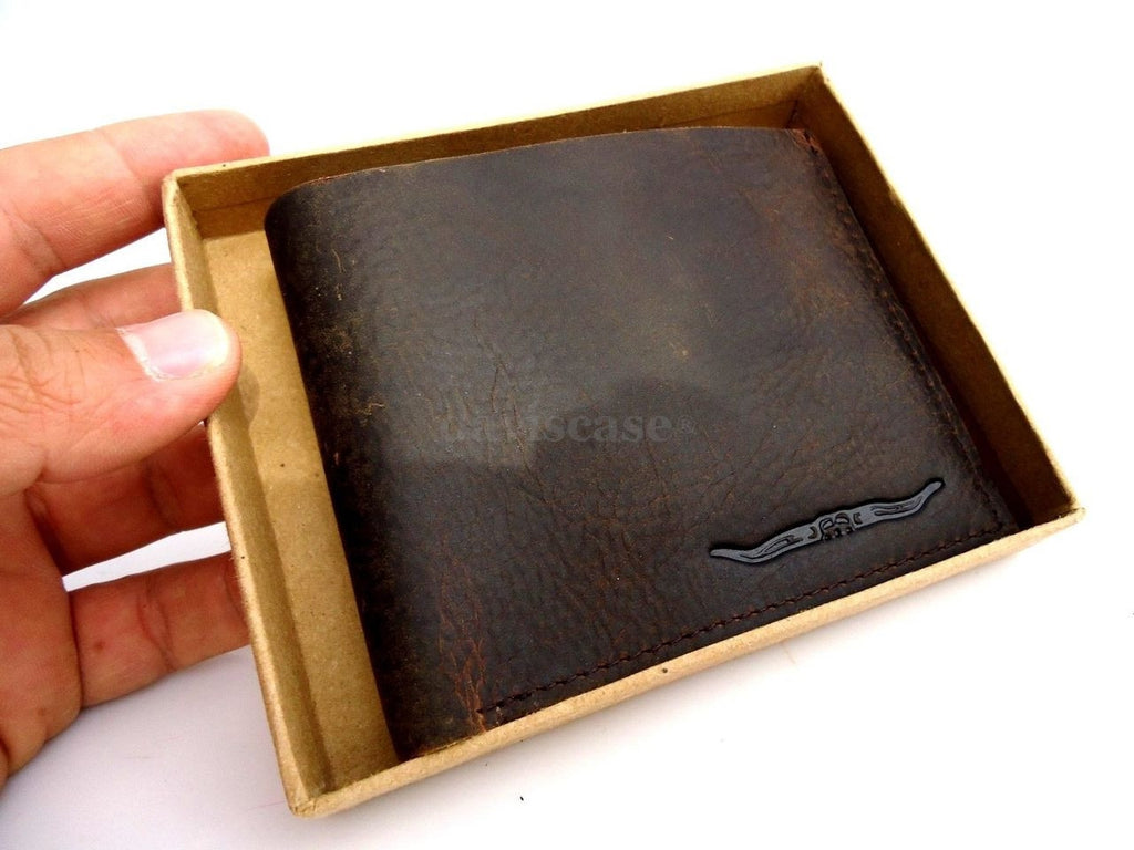 Men's slim brown full leather wallet with credit card slots, ID window, and bill compartments.