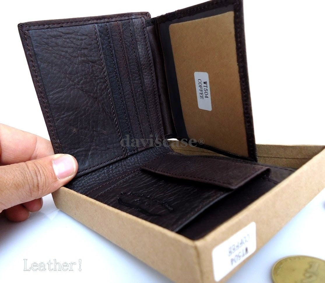 Men's DAVISCASE full soft brown leather wallet with 8 card slots, 1 ID window, and 3 bill compartments.