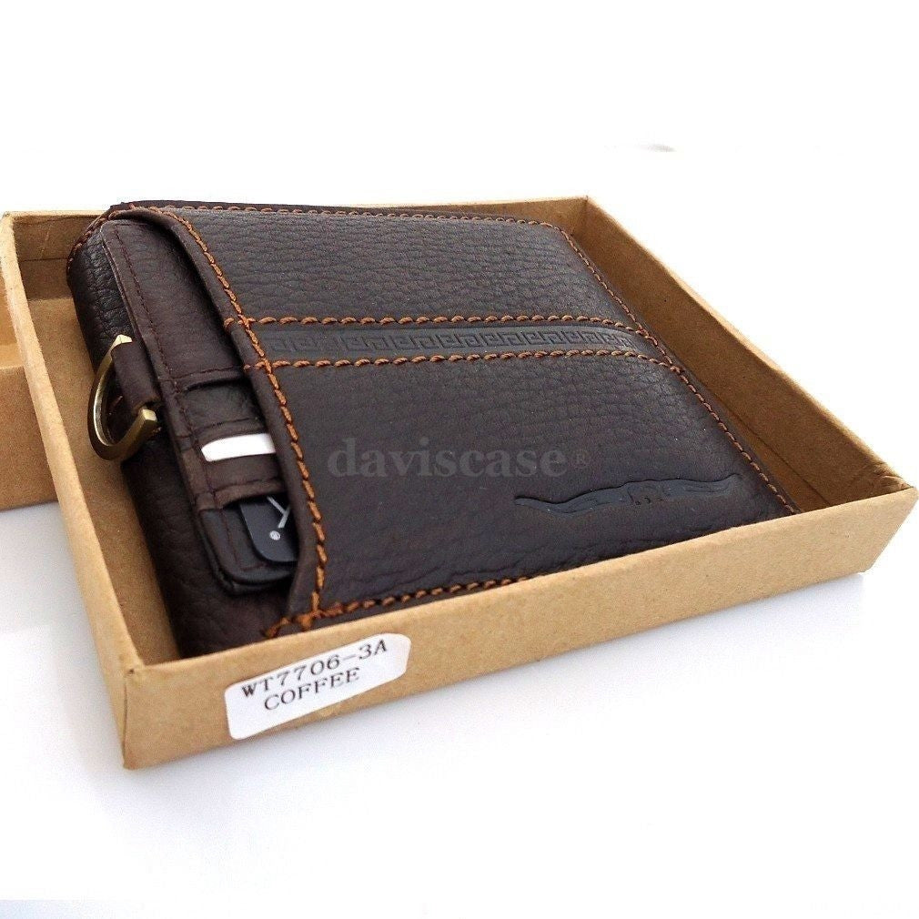 Men's genuine leather bifold and trifold wallet with card slots and money holder, crafted from high-quality genuine leather.