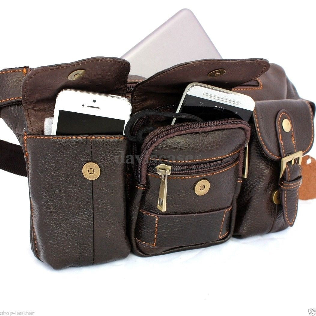 Genuine full leather men's zippered waist pouch and sling backpack by DAVISCASE, featuring a compact design with a cellphone pocket.