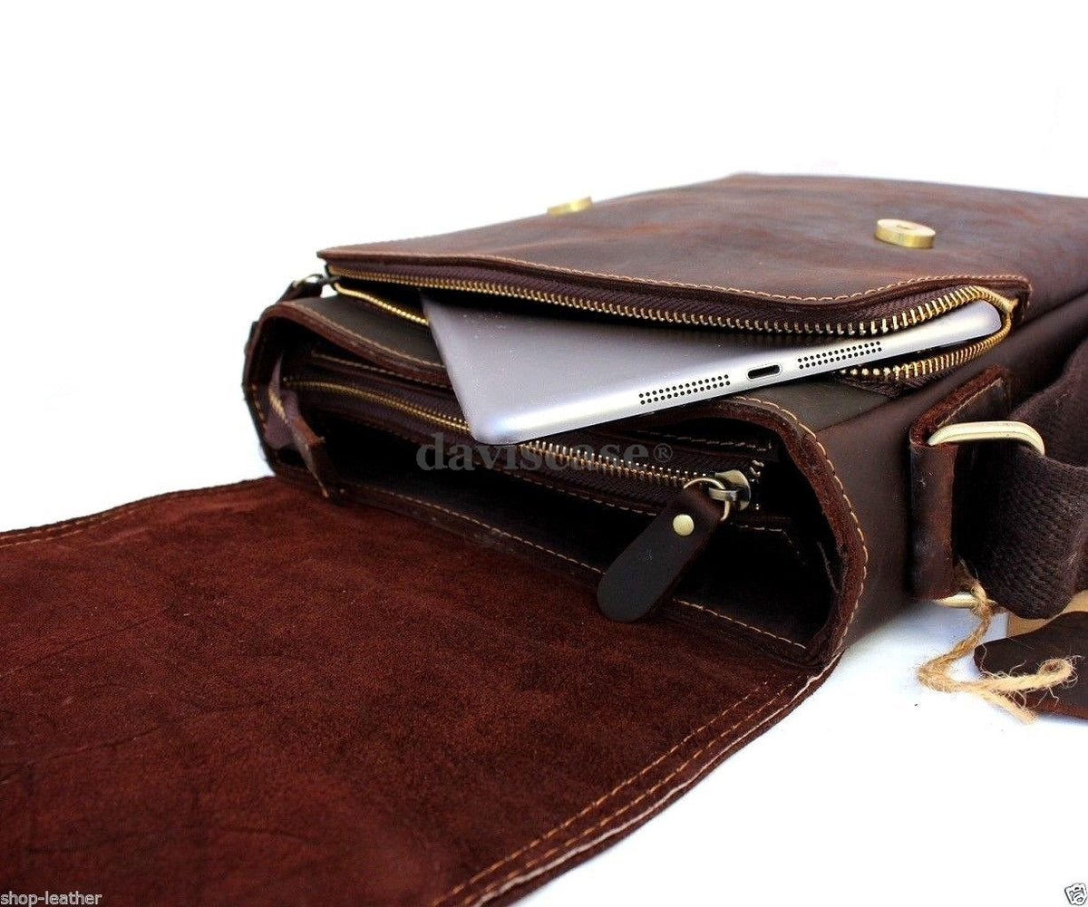 Genuine vintage-style brown leather men's messenger shoulder satchel by DAVISCASE, featuring a crossbody design for school and everyday use.
