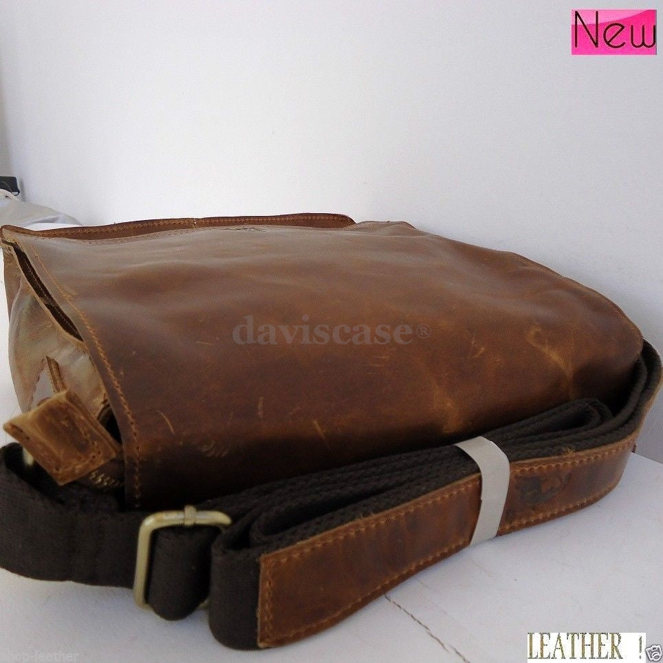 Mens vintage leather messenger bag for iPad and laptop, classic genuine leather handbag with a timeless design.