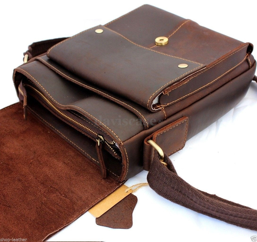 Genuine vintage brown leather men's messenger shoulder bag by DAVISCASE, featuring a crossbody design and classic satchel style.