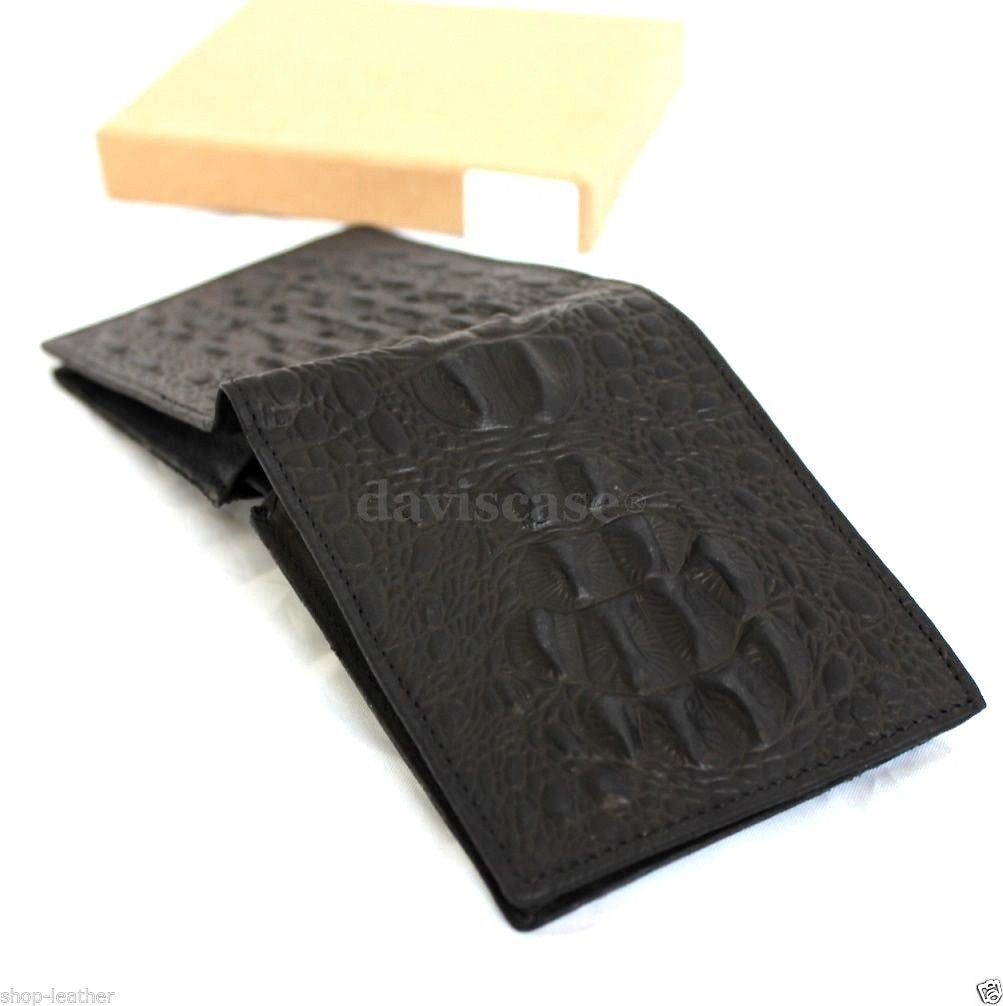 Black men's full leather wallet with crocodile texture, 4 card slots, ID window, and 2 bill sections in slim design.