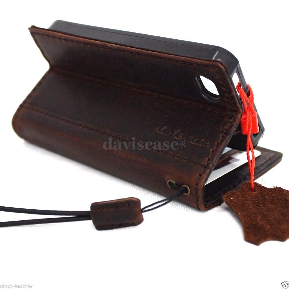 Handmade genuine Italian leather iPhone 4S case with wallet and stand features, crafted for stylish protection.