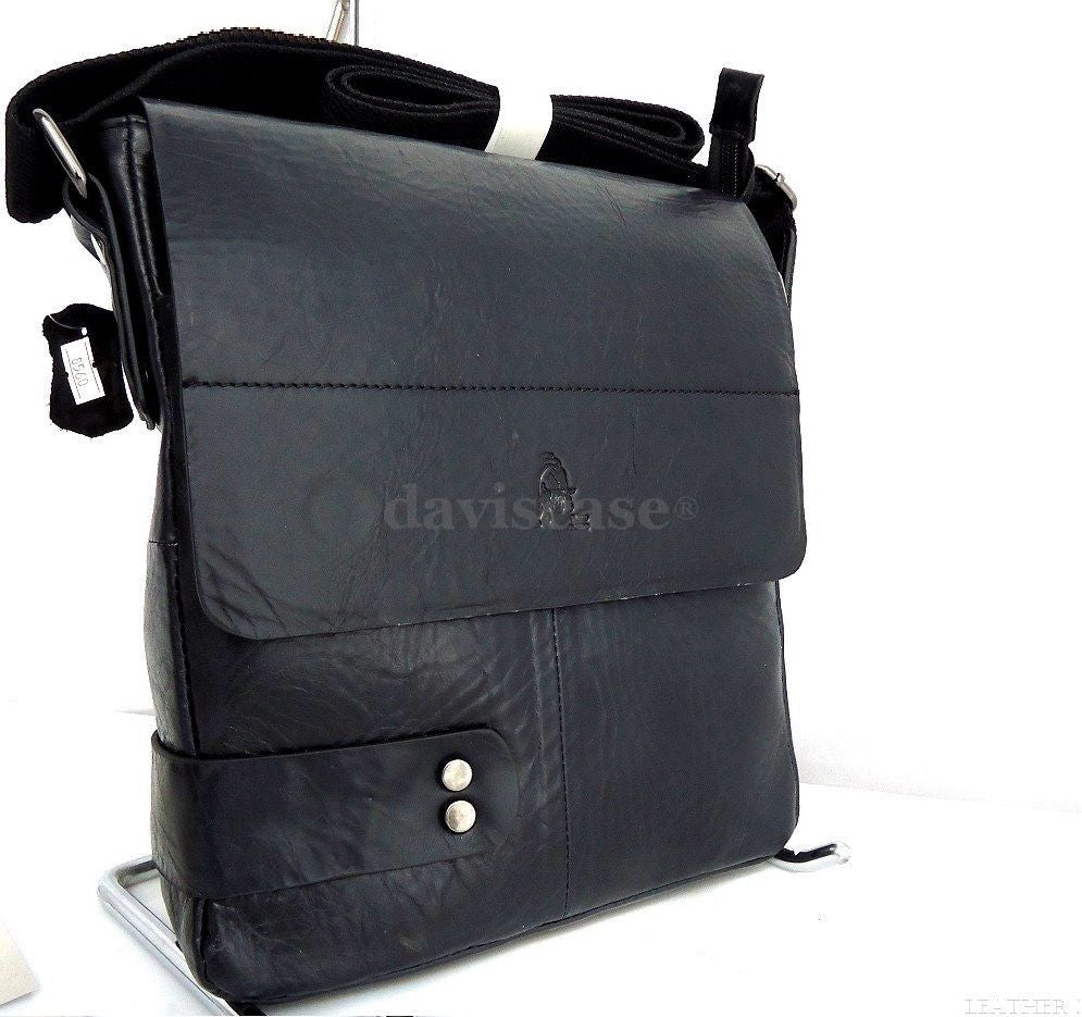 Black men's PU leather messenger bag with laptop compartment, business design, ideal for professionals and commuters.