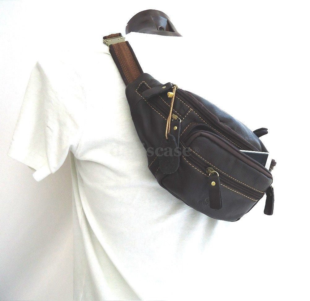 Genuine natural leather men's shoulder wallet bag and waist pouch by DAVISCASE, featuring a compact, stylish design for daily use.