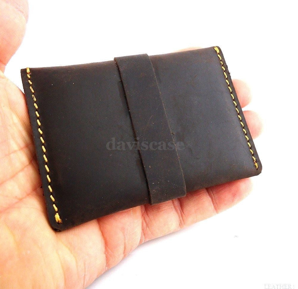 Genuine full leather men's mini wallet with ID and credit card slots, compact money holder, dark brown color.