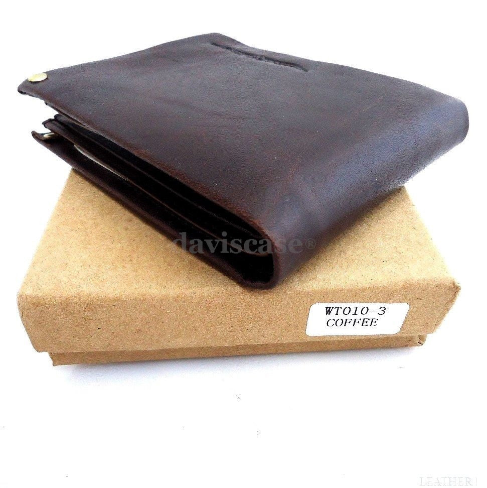 Men's vintage leather money clip wallet with coin and card slots, retro style, genuine leather, ideal for credit cards and IDs.