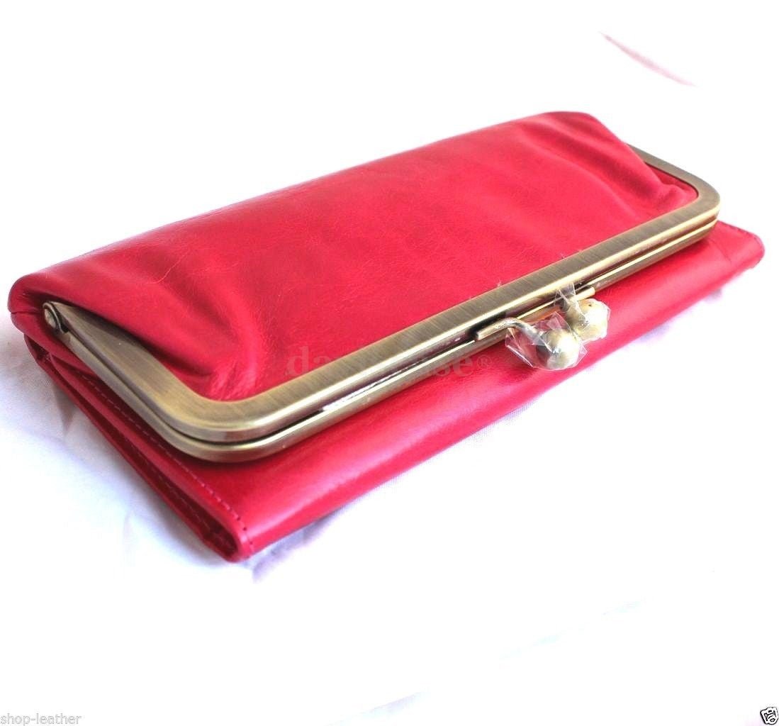 Pink genuine leather women's wallet by DAVISCASE with card slots, coin purse, and clutch design, featuring a stylish leather finish.