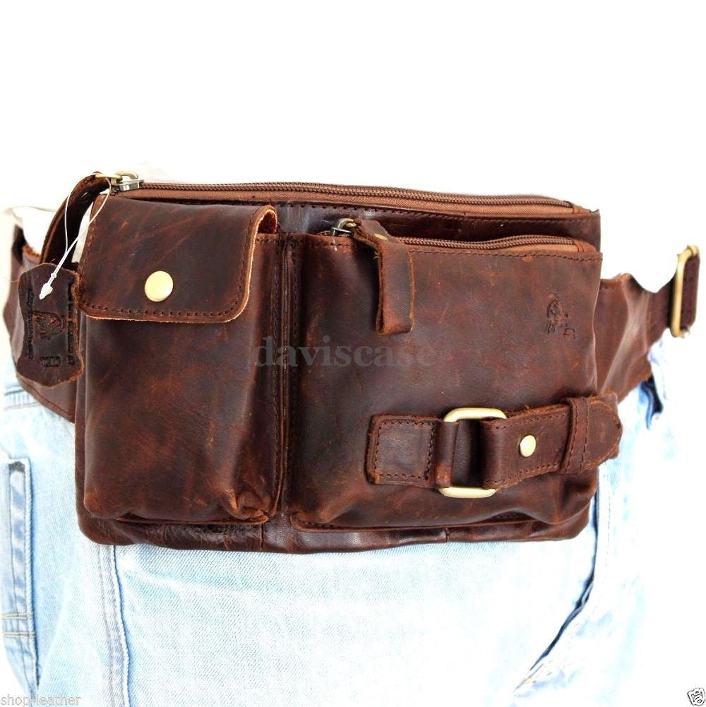 Men's genuine oiled Italian leather wallet bag, pocket waist pouch, and crossbody soft DAVISCASE pouch with leather details.