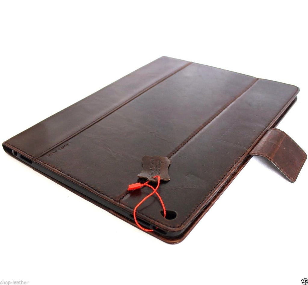 Brown genuine leather iPad Pro 12.9 case by DAVISCASE with card slots, stand magnet, slim design, and luxury hard cover.