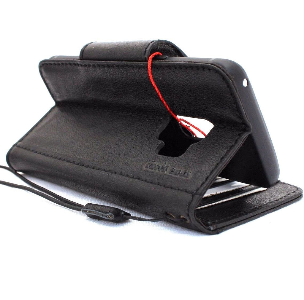 Black genuine Italian leather phone case for Samsung Galaxy S9, handmade magnetic wallet cover with book-style design.