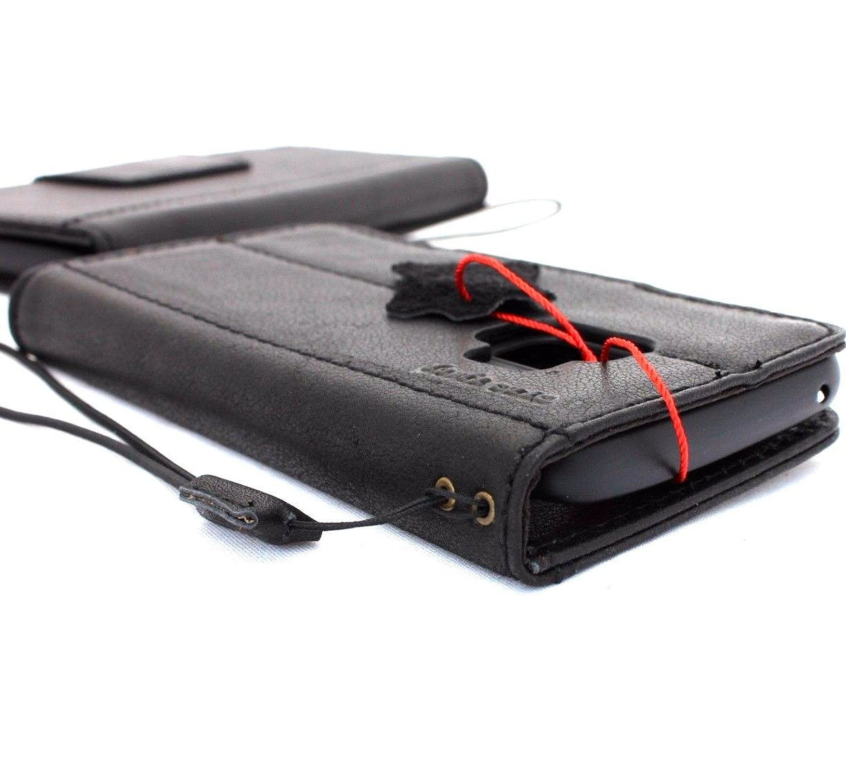 Black genuine Italian leather wallet case for Samsung Galaxy S9 with handmade magnetic cover and book-style design.