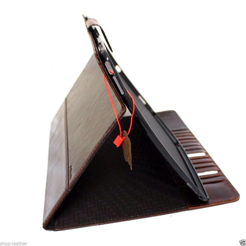 Brown genuine leather iPad Pro 12.9 case by DAVISCASE featuring slim design, card slots, hard cover stand, and magnetic closure.