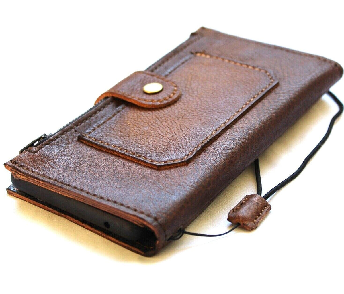 Genuine leather Google Pixel 7 Pro case with wallet design, stand feature, secure closure, and wireless charging cutout by DAVISCASE.