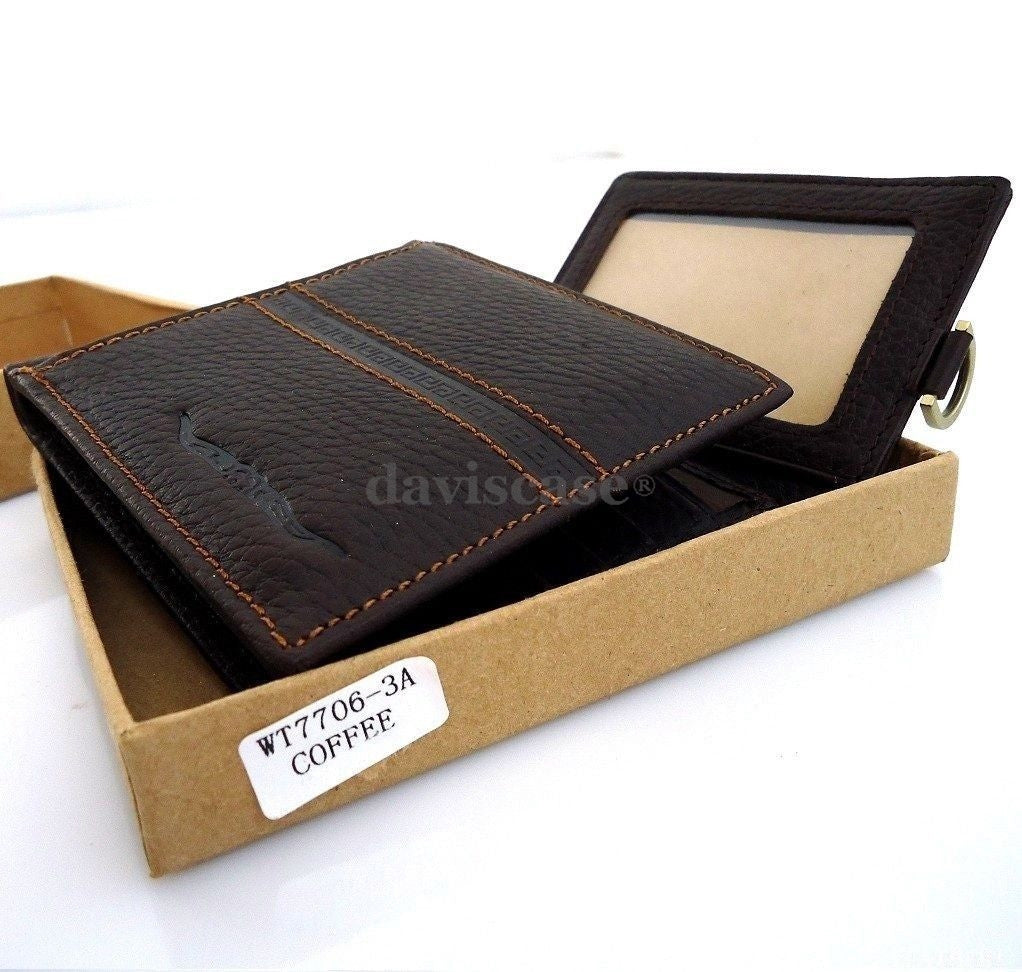 Men's genuine leather bifold and trifold wallet with card slots and money holder, crafted from high-quality leather.