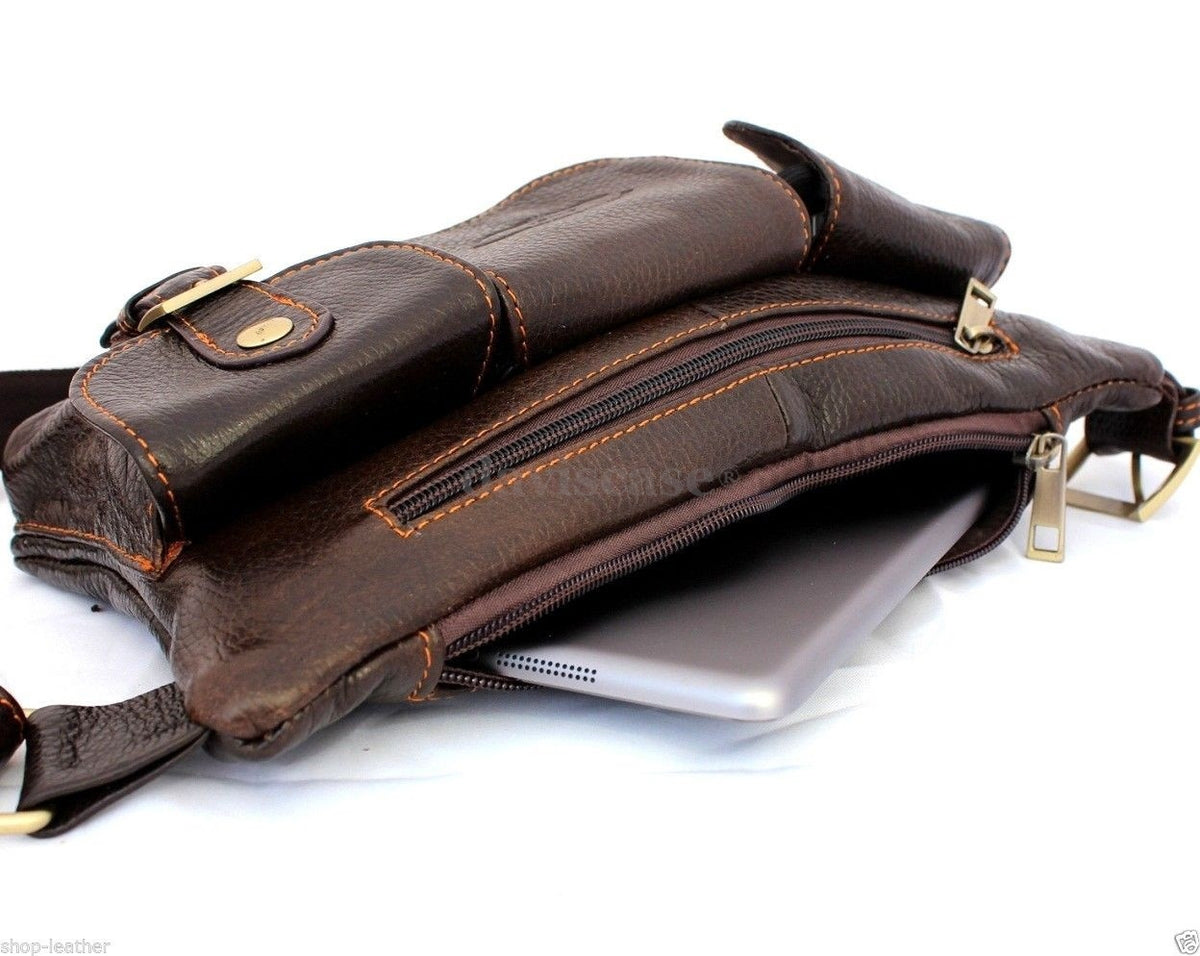 Genuine full leather men's zipper waist pouch by DAVISCASE, featuring a sling design with compartments for cellphone and essentials.