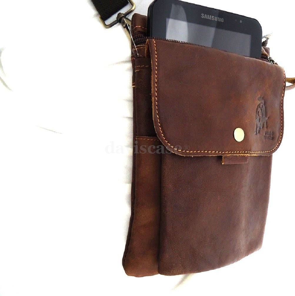 Men's brown genuine leather crossbody bag by DAVISCASE with a slim vintage style and classic soft leather design.