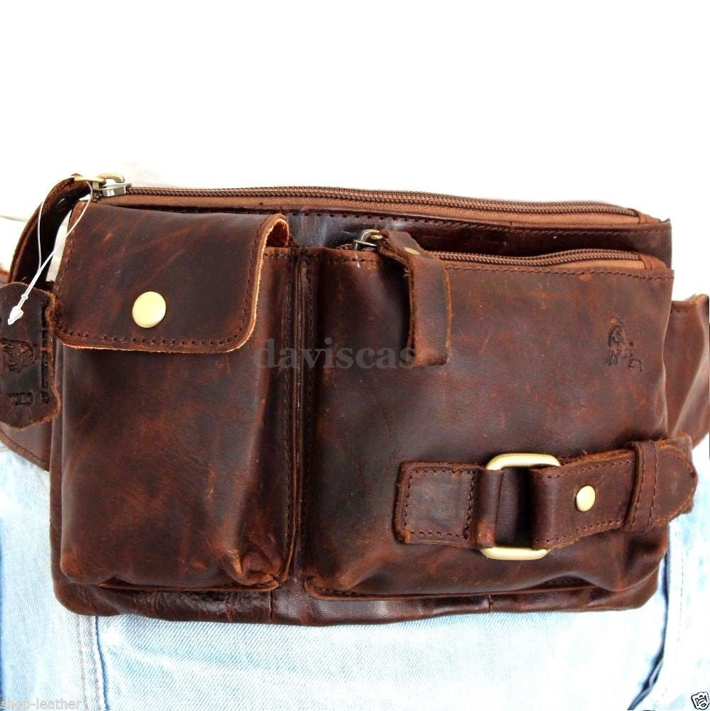 Mens genuine oiled Italian leather wallet bag with crossbody strap, soft finish, DAVISCASE brand, waist pouch style.