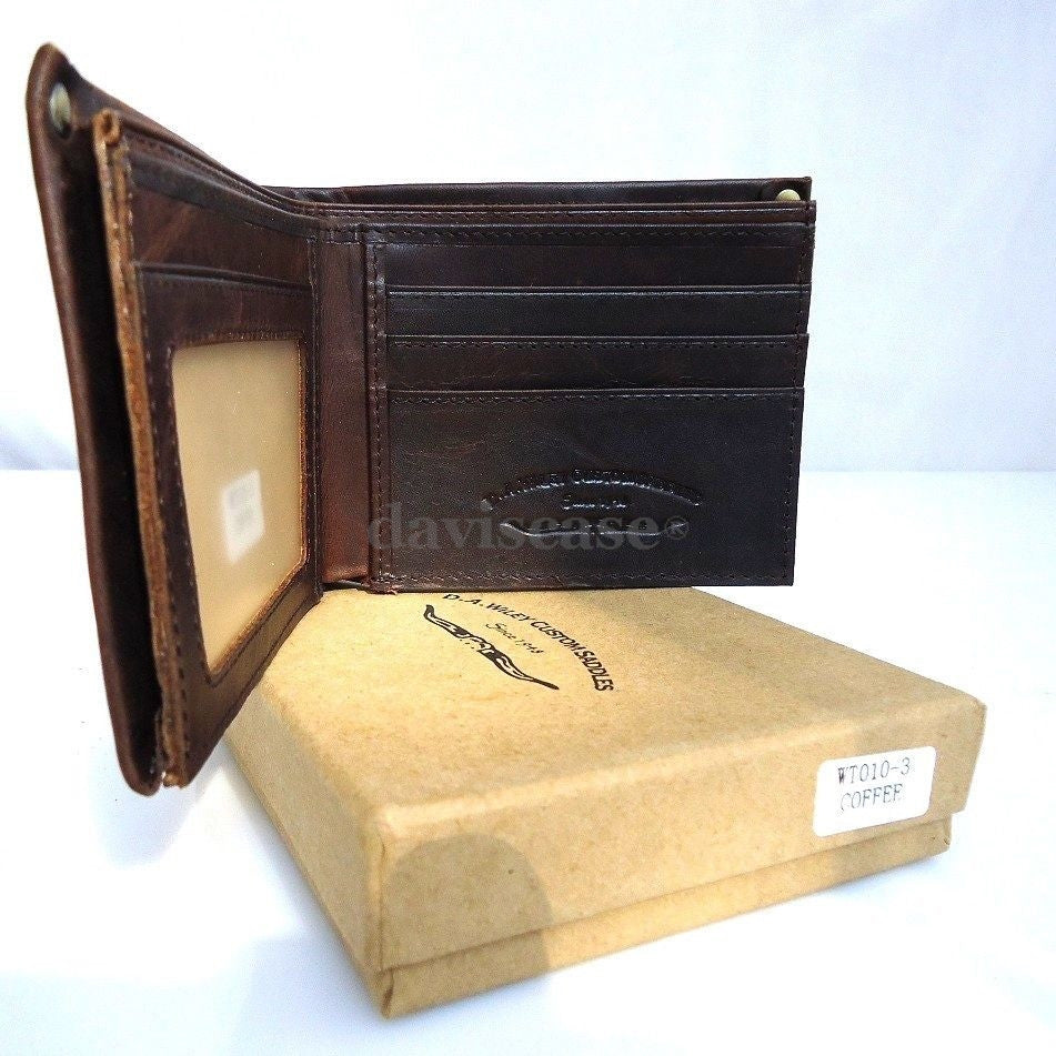 Men's vintage leather money clip wallet with coin pocket and credit card slots, featuring a retro Russian-inspired design.