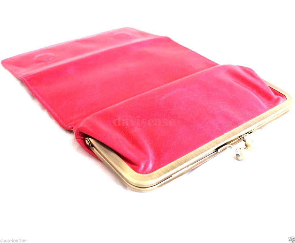 Pink genuine leather women's wallet with card slots, coin pocket, and clutch design by DavisCase.