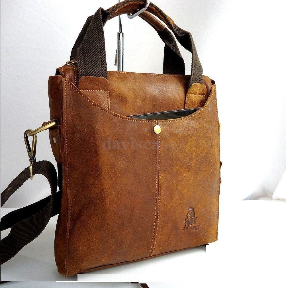 Men's tan genuine leather messenger handbag by DAVISCASE with vintage design, soft texture, and spacious interior for everyday use.