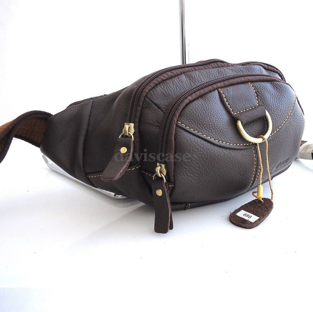 Men's genuine leather wallet bag with zipper, waist pouch, and sling backpack design, suitable for carrying cellphones and essentials.