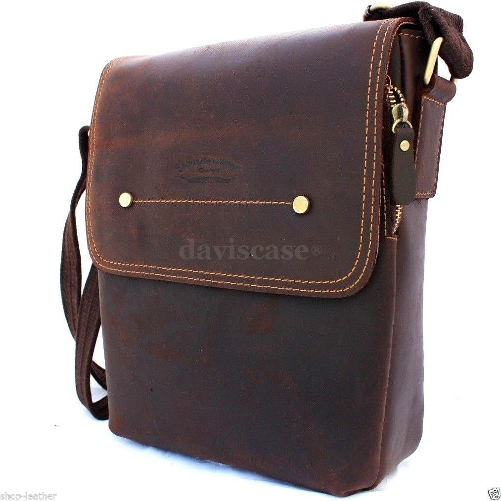 Genuine vintage-style brown leather men's messenger bag with shoulder strap, crossbody satchel by DAVISCASE.