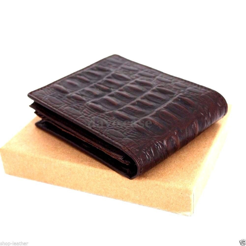 Men's genuine Italian leather money clip wallet with coin pocket and credit card slots, featuring a crocodile pattern.