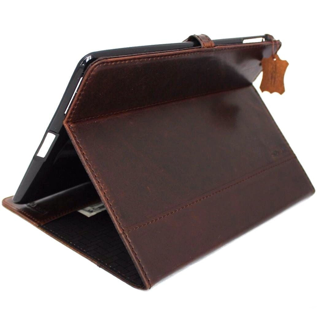 Brown genuine leather iPad Pro 12.9 case by DAVISCASE with card slots, magnetic closure, vintage design, slim hard cover stand.