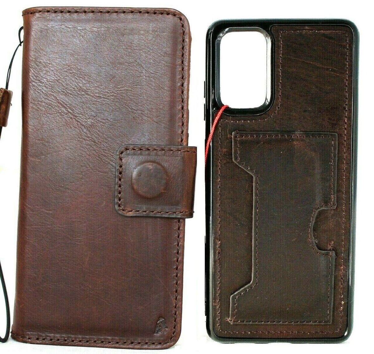 DavisCase genuine full leather wallet case for Samsung Galaxy S20 Plus with slots, rubber window, detachable holder, and wireless charging.