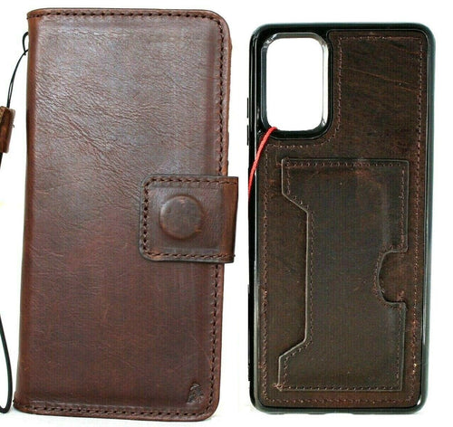 DavisCase genuine full leather wallet case for Samsung Galaxy S20 Plus with slots, rubber window, detachable holder, and wireless charging.
