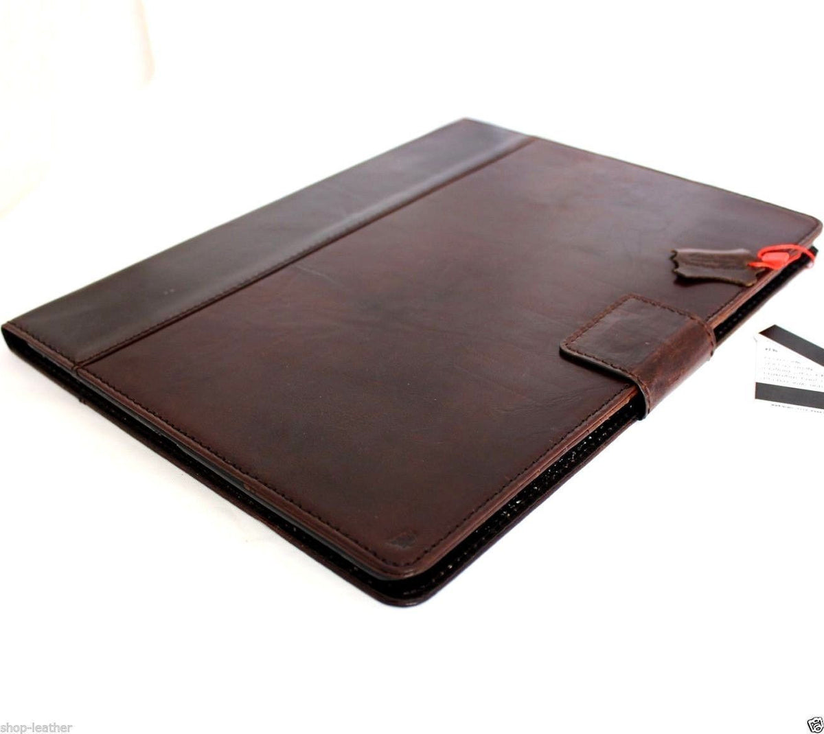 Brown genuine leather iPad Pro 12.9 case by DAVISCASE featuring a slim design, handbag style, magnetic closure, and card slots.