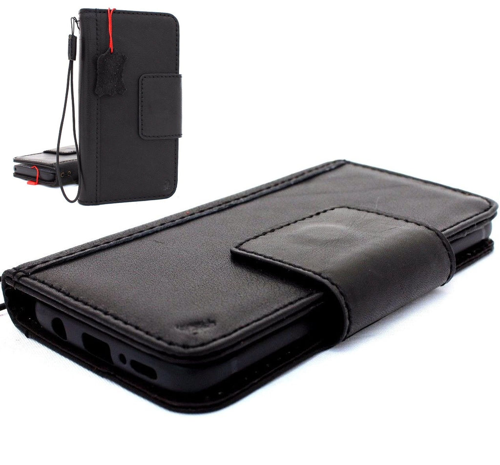 Black handmade leather wallet case for Samsung Galaxy S9 by DAVISCASE, featuring Jafo design, magnetic closure, and card slots.